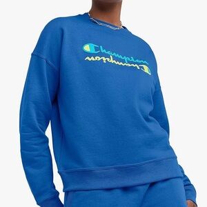 🆕 Champion Women's Powerblend Crew Pullover Mirrored Puff Logo Sweatshirt